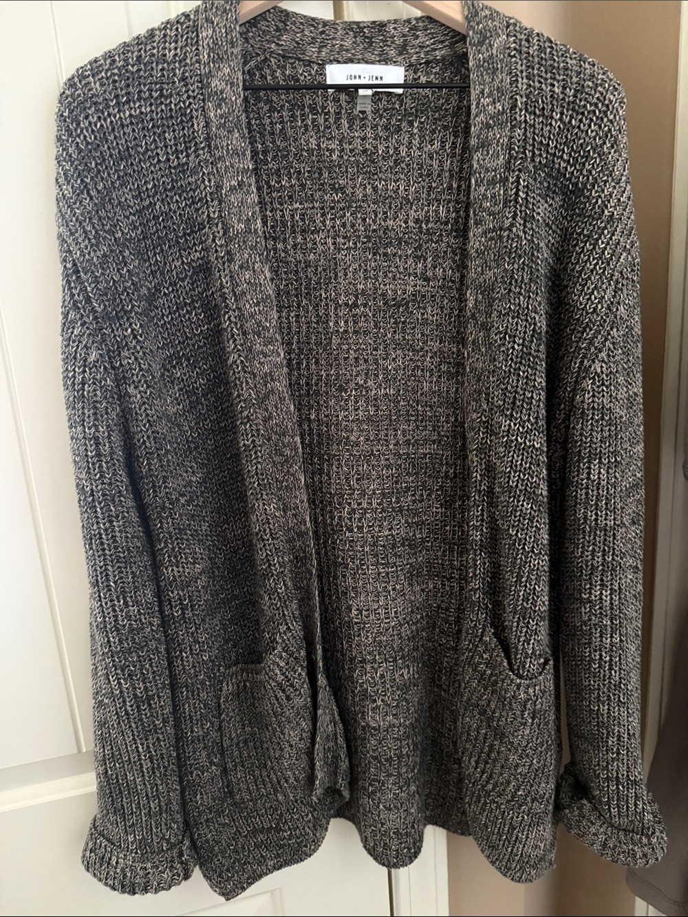 John + Jenn Heathered Taupe Open-Front Knit Cardigan